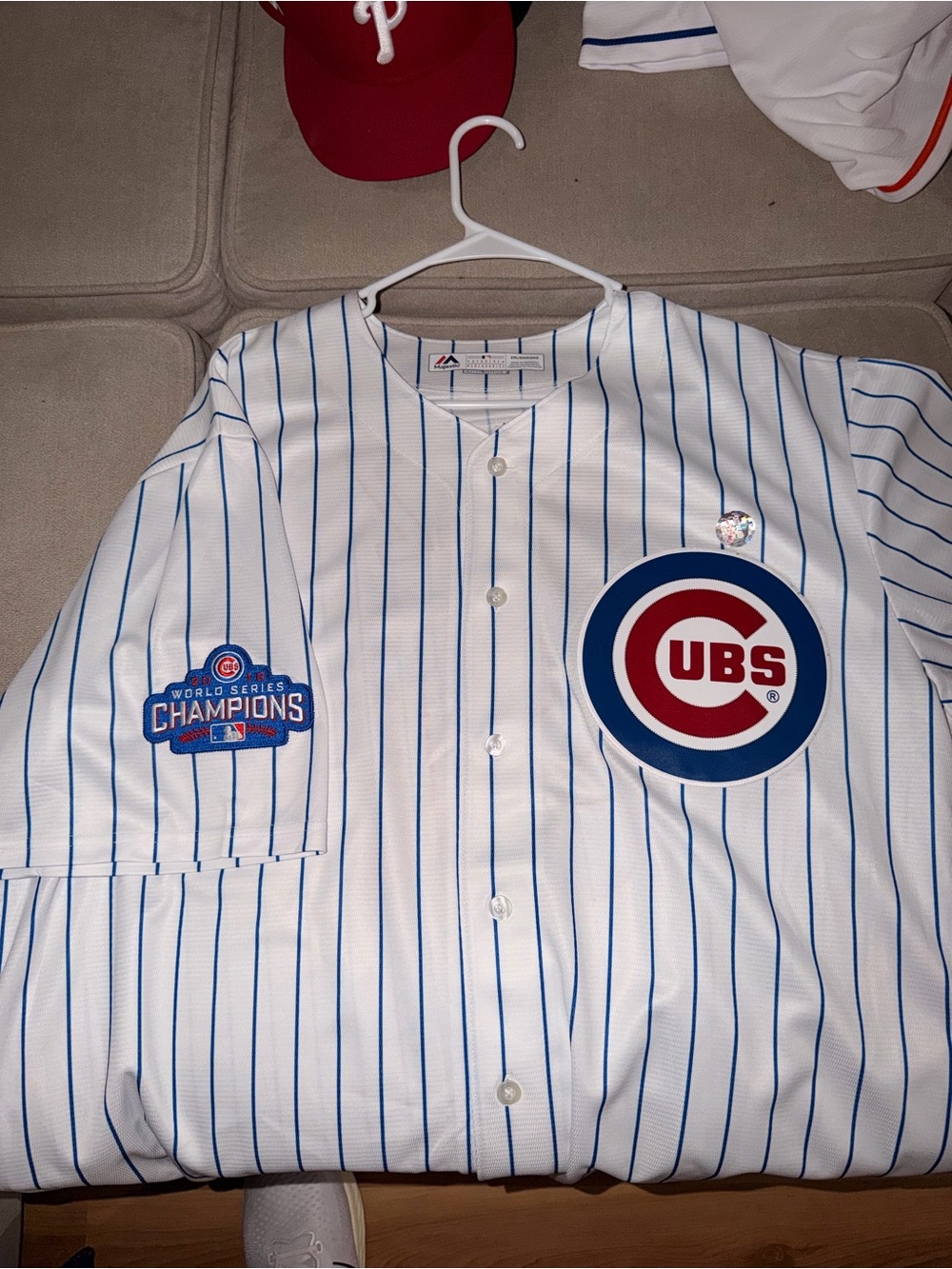 Chicago Cubs Pinstripe Jersey with World Series Champions Patch Javier Baez